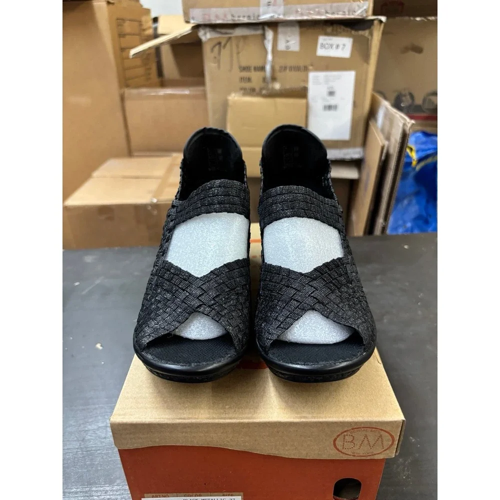 Bernie Mev Lane Black Metallic Woven Wedge Sandals Size 38 US 7